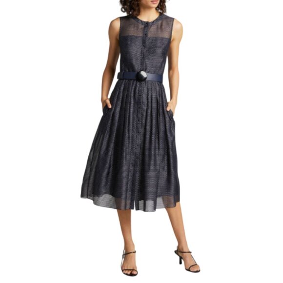 NWT Akris Punto Pin Dot Midi Dress Womens 4 Navy Blue Black Sleeveless Silk NEW - Picture 1 of 15